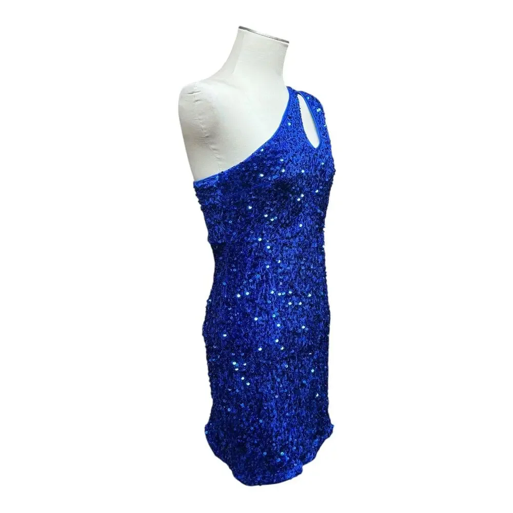 One Shoulder Velvety Sequin Mini Dress Blue Medium